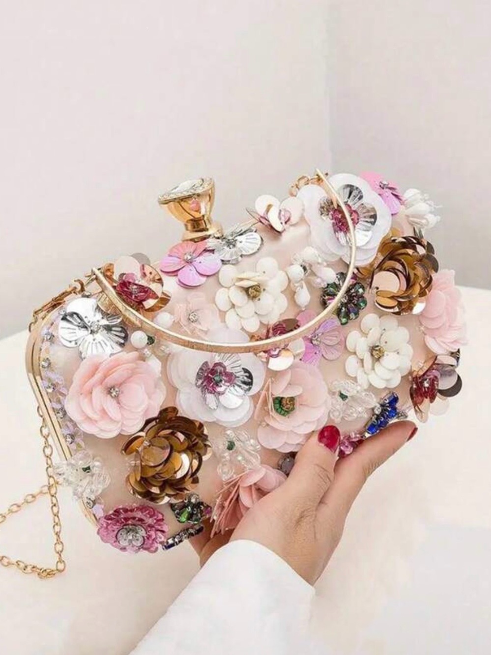 Nordstrom Ladies, Pink Floral Embellished Evening Clutch with Gold Hardware NEW